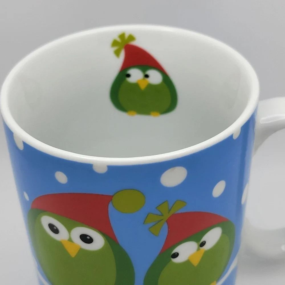 Pier 1 Happy Holidays Stoneware Coffee Mug Blue Owl Christmas Whimsical Cozy‎